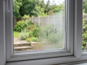 Misted double glazed window with condensation trapped between the panes